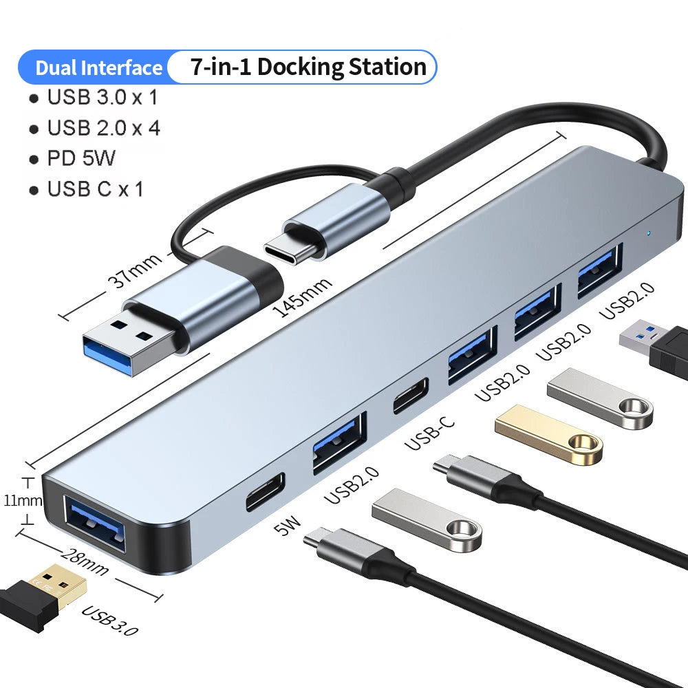 USB C Hub USB Hub 3.0, Aluminum 7 in 1 USB Extender, USB Splitter with