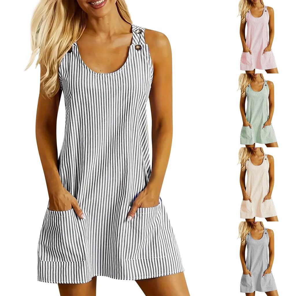 Summer Fashion Stripped Patchwork Commuting U-Neck Sleeveless Pockets