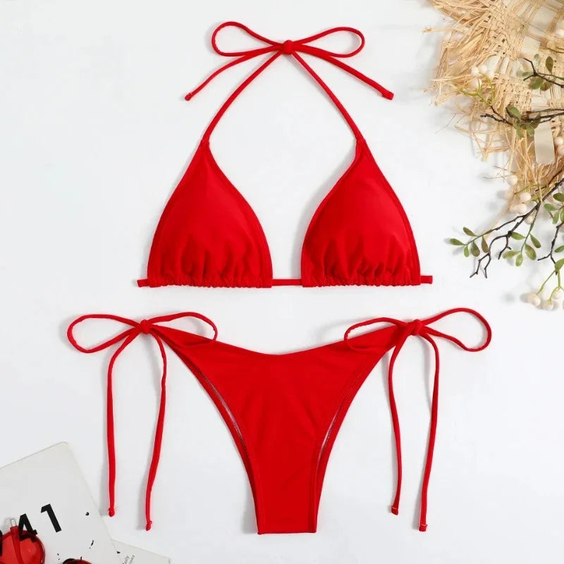 Sexy Women Thong Solid Color Bikini Set Side Halter Tie Swimsuit