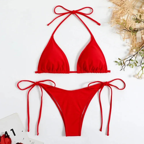 Sexy Women Thong Solid Color Bikini Set Side Halter Tie Swimsuit