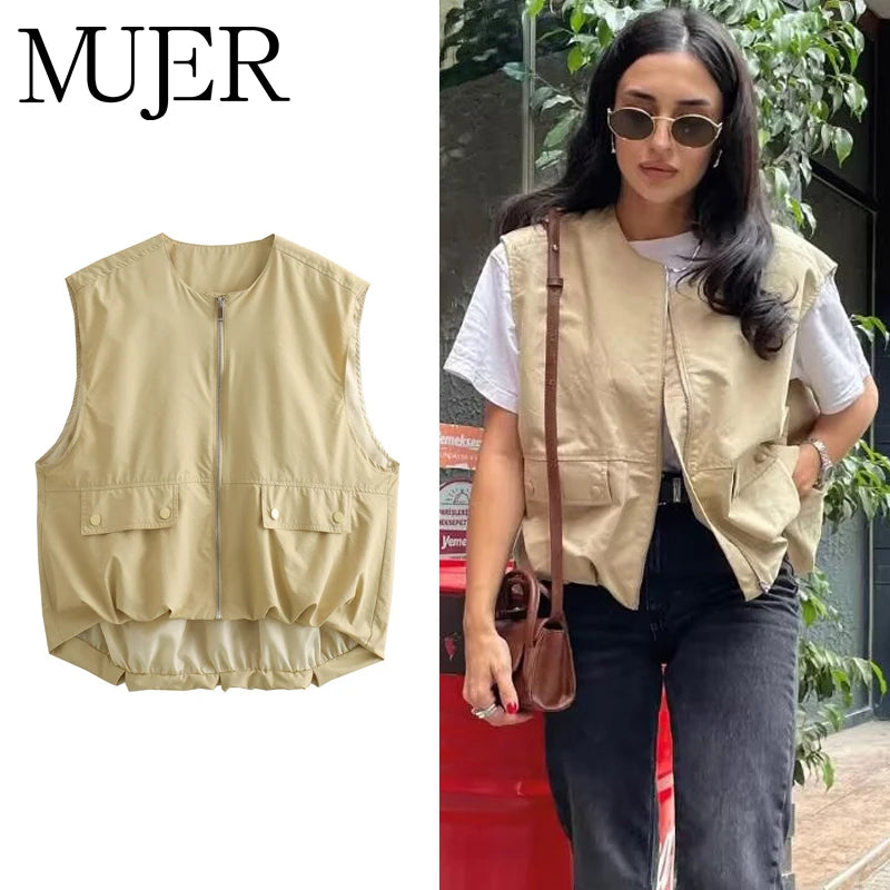 MUJER Ruched Sleeveless Vest Women Zip Loose Summer Vests for Women