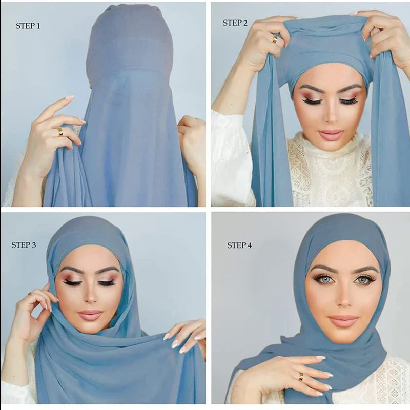 Muslim Instant Hijab Women Bonnet with Chiffon Shawl Head Scarf Cap