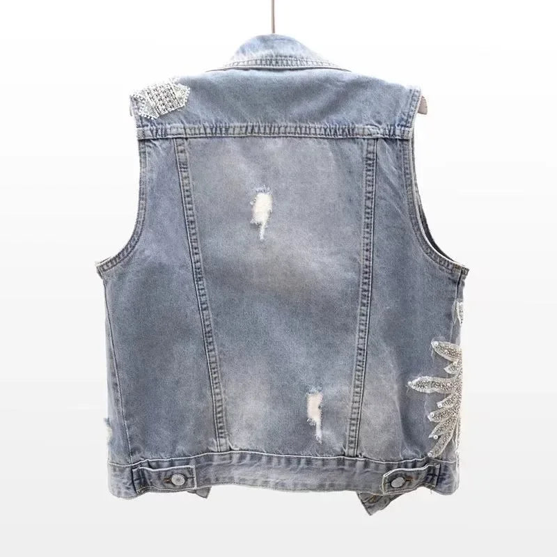 fashion Lace Beaded Denim Vest Women Cardigan 2024 New spring