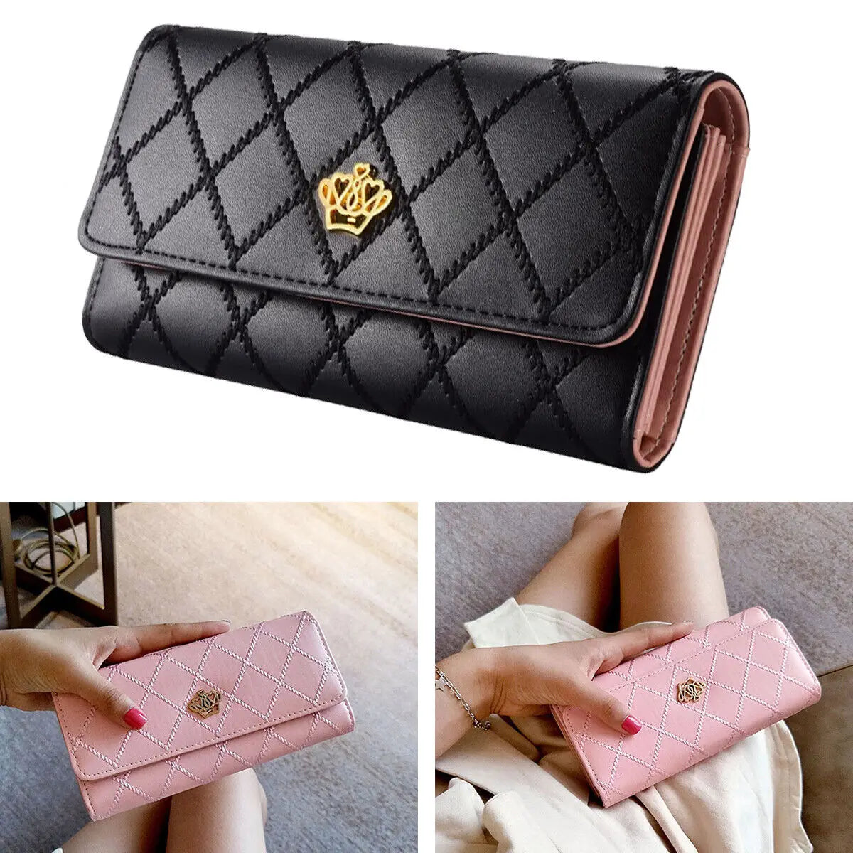 Black Long Wallets for Women PU Leather Diamond Pattern Purse Card
