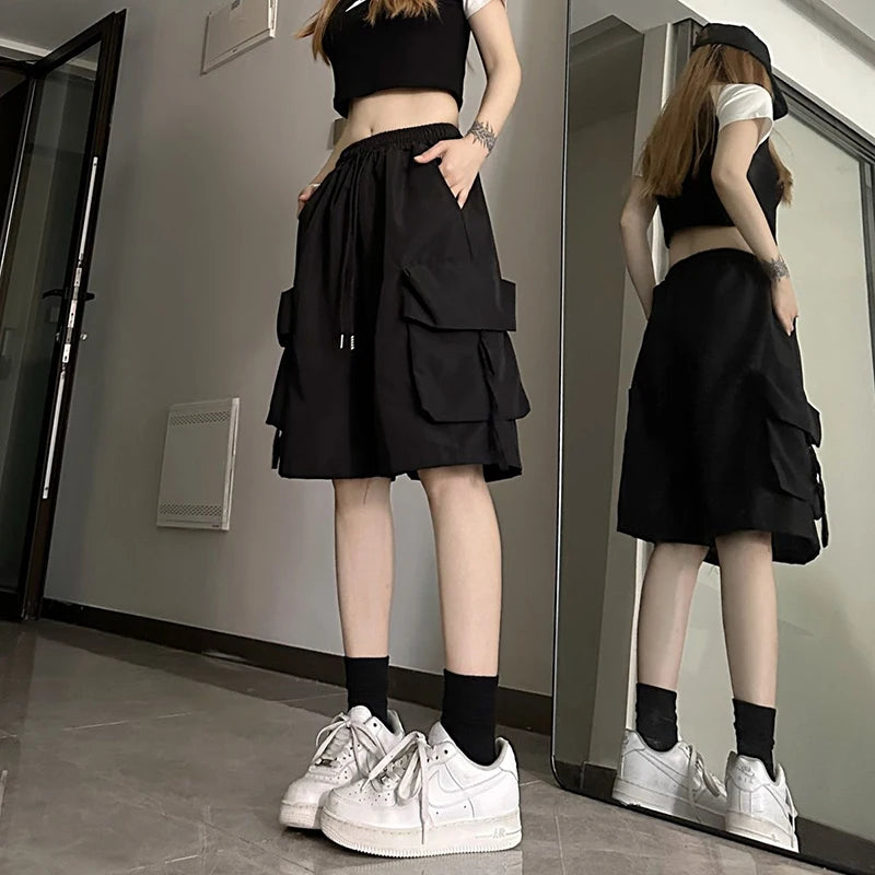 Gidyq Women High Waist Cargo Shorts American Style Streetwear Summer