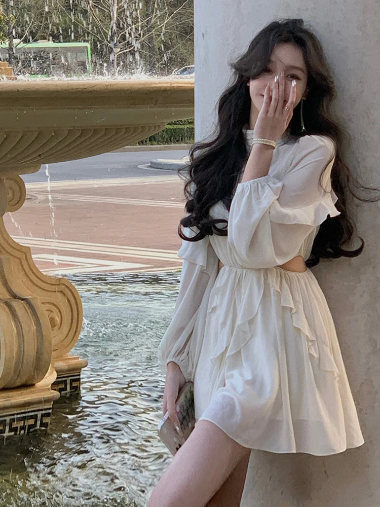 Beach Style Chiffon Y2k Mini Dress Office Lady Casual Long Sleeve