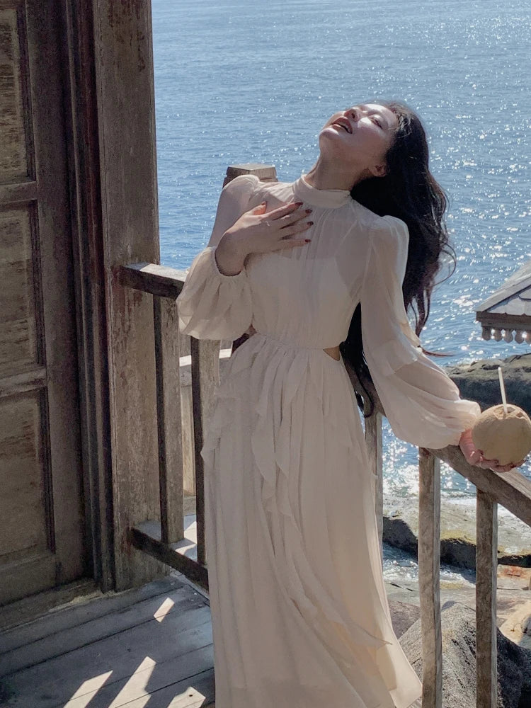 Beach Style Chiffon Y2k Mini Dress Office Lady Casual Long Sleeve