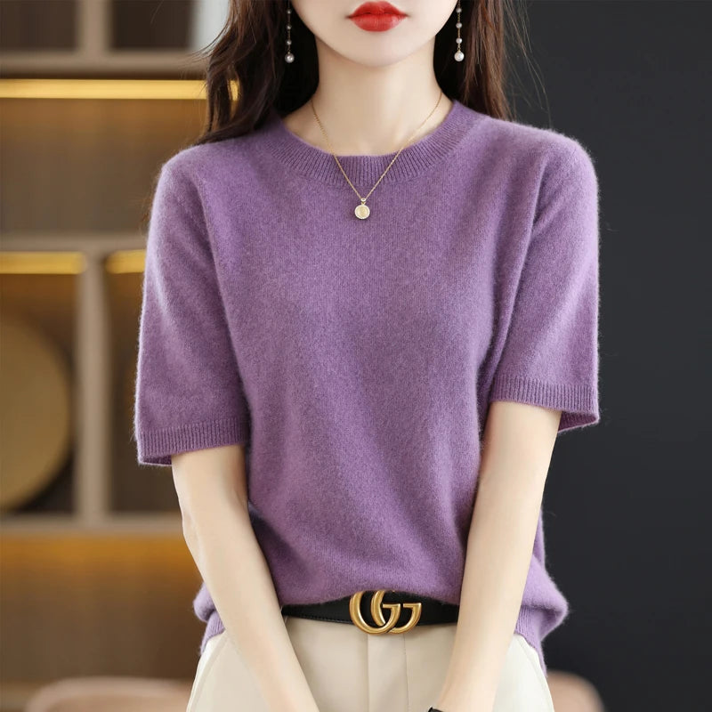 New Short-sleeved Knitwear Women O-neck T-shirt Wool Cotton Blend