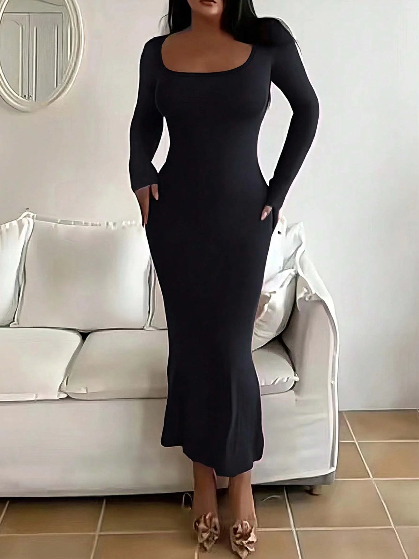 Women's Solid Long Sleeve Bodycon Dress, Chic Basic Minimalist Causual