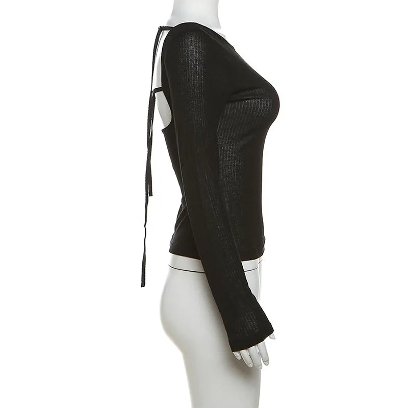 Women Autumn Long-sleeved Slash Neck Crops Tops Elastic Sexy Slim