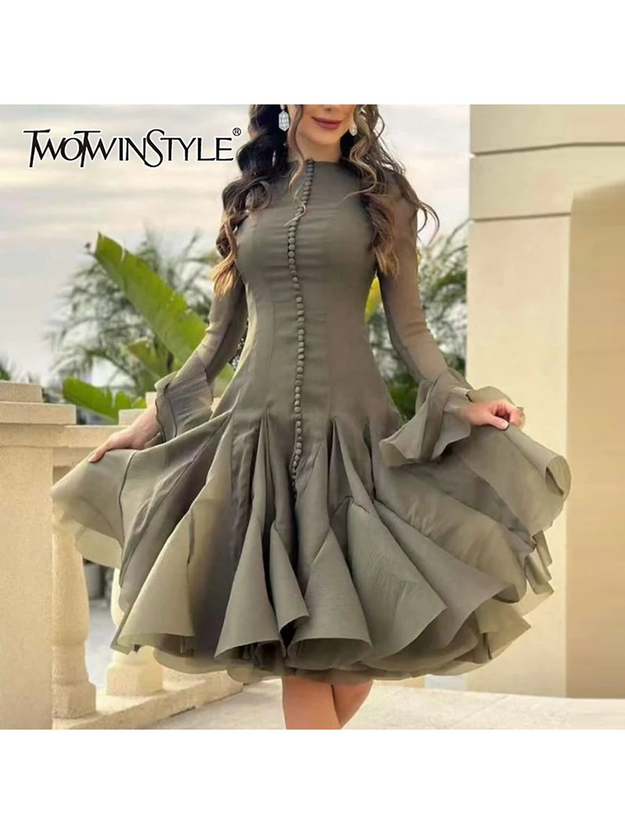 TWOTWINSTYLE Solid Spliced Button Slimming Dresses For Women O Neck