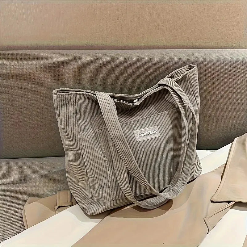 Large Capacity Shoulder Bag Trendy Corduroy Tote Bag Solid Color
