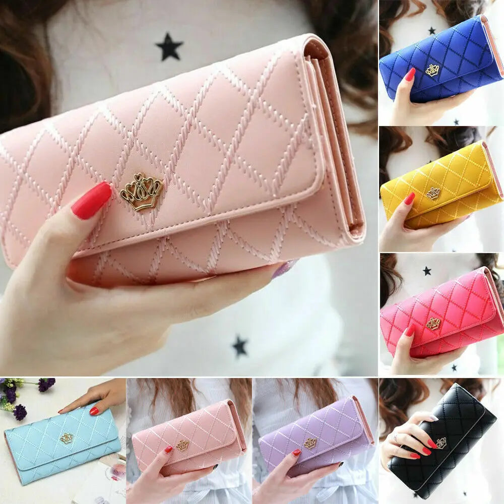 Black Long Wallets for Women PU Leather Diamond Pattern Purse Card