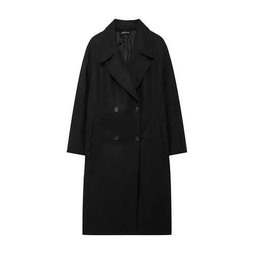 TRAFZA Winter Coat For Women 2024 Solid Lapel Double Breasted Long