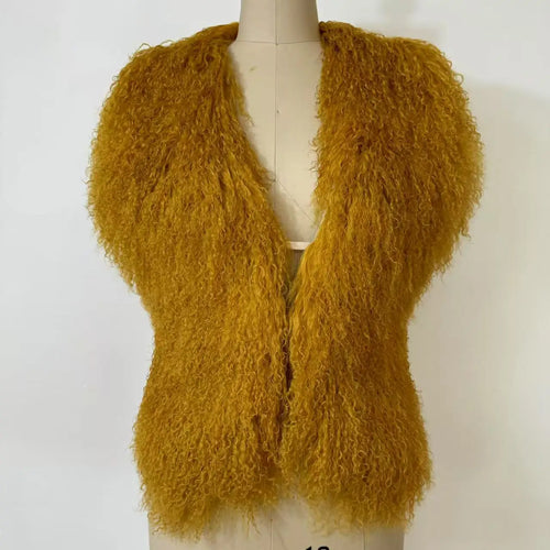 Fluffy Luxury  Real Mongolian Fur Halter Vests Women Solid Deep V-Neck