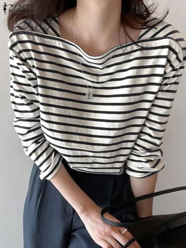 ZANZEA Fashion Striped Blouse Women Elegant Square Neck Long Sleeve
