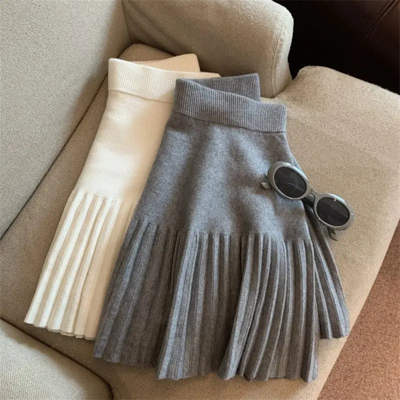 Pleated Mini Skirts Korean Sweet Knitted Skirts Sweet Elastic Waist