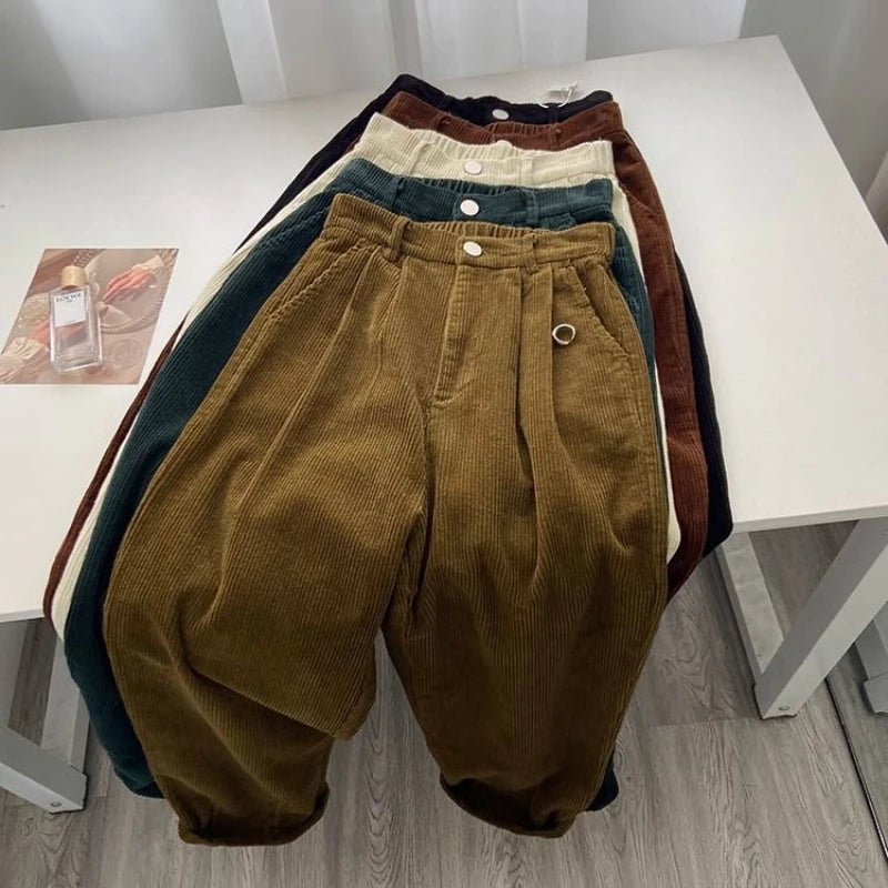Vintage High Waist Corduroy Pants Women Spring Fall Straight Causal