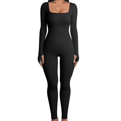 Solid Color Ribbed Yoga Jumpsuit, Seamless Slim Fit Long Sleeve Sports
