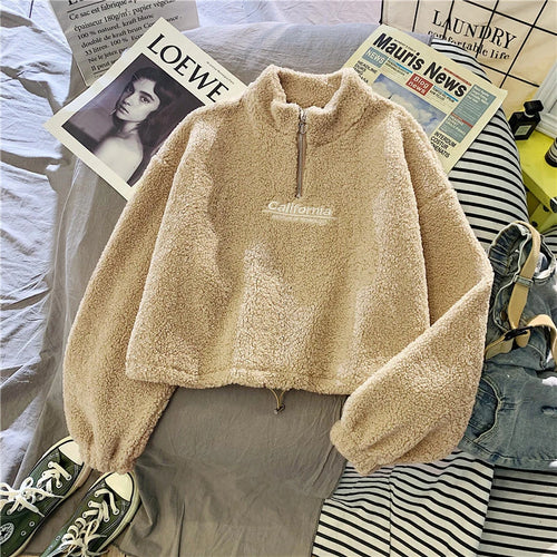 Women Stand Neck Fleece Cropped Hoodies Autumn Letter Embroidery Long