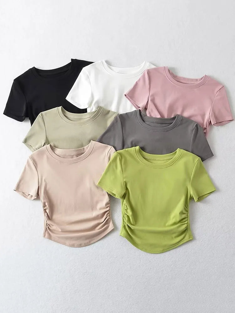 Harajuku Women Crew Neck Short Sleeve Cotton Tee With Ruched Sides