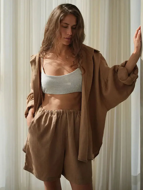 Bornladies Casual Shorts Sets 100% Cotton 2 Pieces Cozy Lapel Lantern