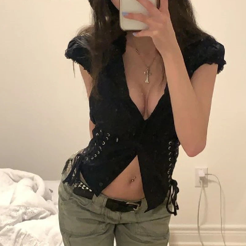 Dourbesty Chic Bandage Crop Top Y2k Vintage Grunge Black T-Shirts