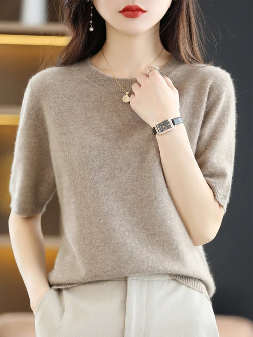 New Short-sleeved Knitwear Women O-neck T-shirt Wool Cotton Blend