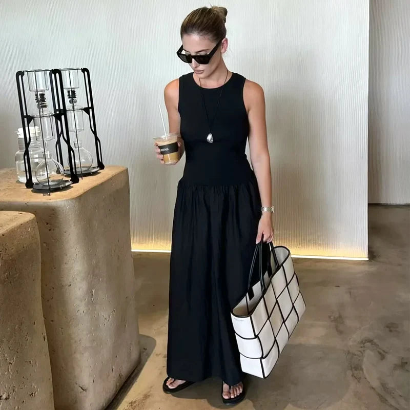 TRAF Women's Black Long Dresses 2025 Spring Sleeveless Elegant Dresses