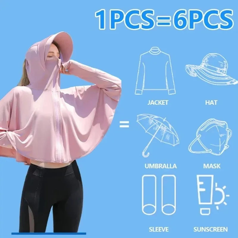 UPF 50+ Women Sunscreen Hoodie Solid Color Thin Ice Silk Summer UV