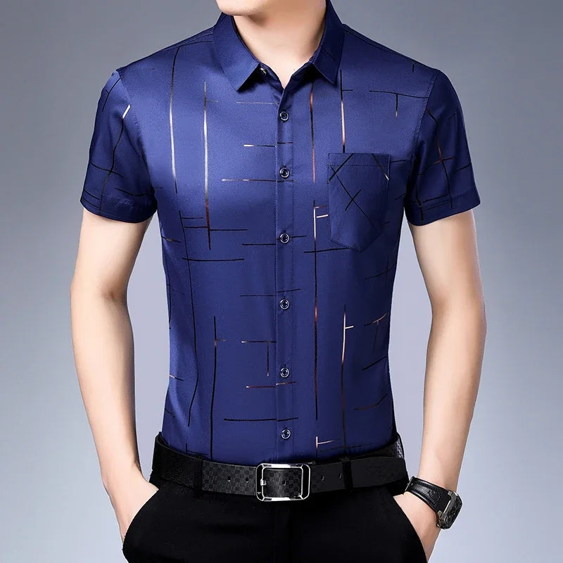 New Men's Business Casual Short Sleeved Shirt No Iron and Wrinkle