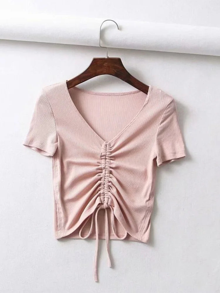 Sexy V Neck Cropped Tank Tops Women Drawstring Tie Up Front Camis