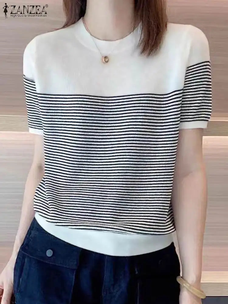 ZANZEA Women Summer T Shirt Vintage Striped Short Sleeve Tee Korean