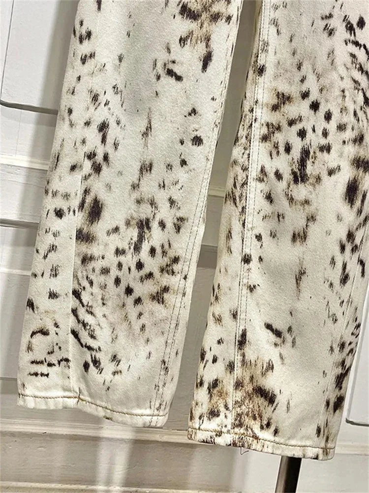 Leopard Print Straight Wide Leg Jeans Women High Waisted Retro Jeans