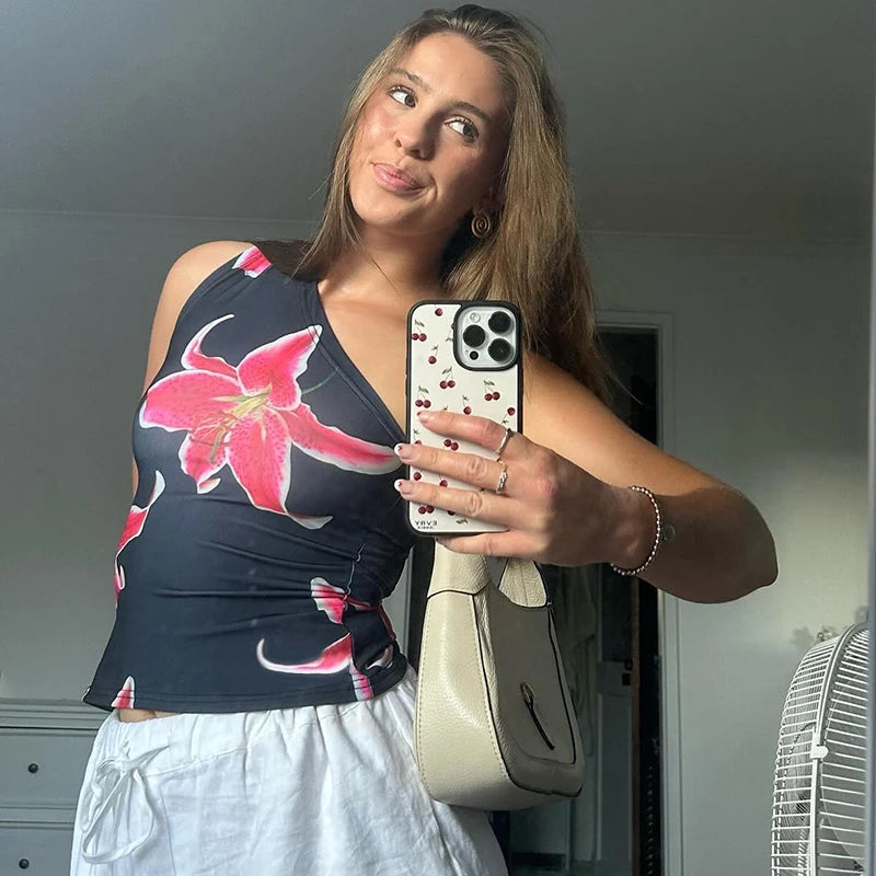 CUTENOVA Floral Print Fitted Tops Women Resort Wear Graphic Tees