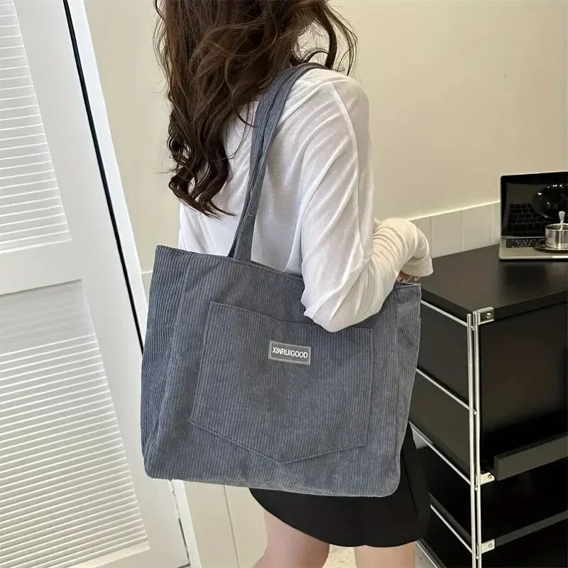 Large Capacity Shoulder Bag Trendy Corduroy Tote Bag Solid Color