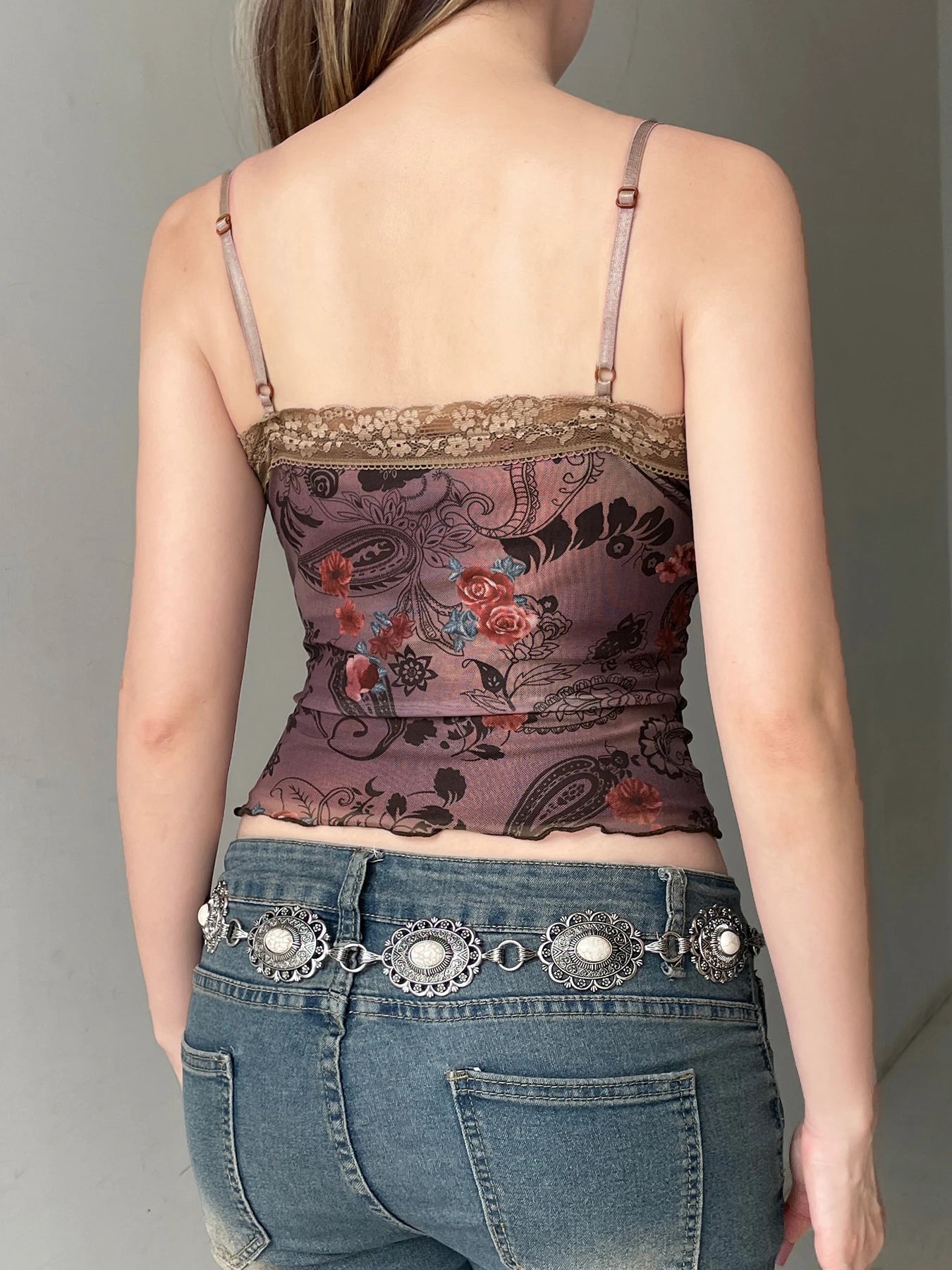 Rockmore Vintage Tulle Patchwork Floral Print Camis Women Mesh Lace