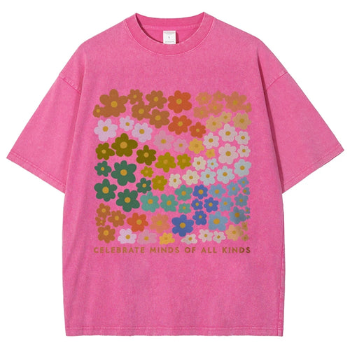 100% Color Flower Letter Print T-Shirt Loose Retro Old Shoulder Wash