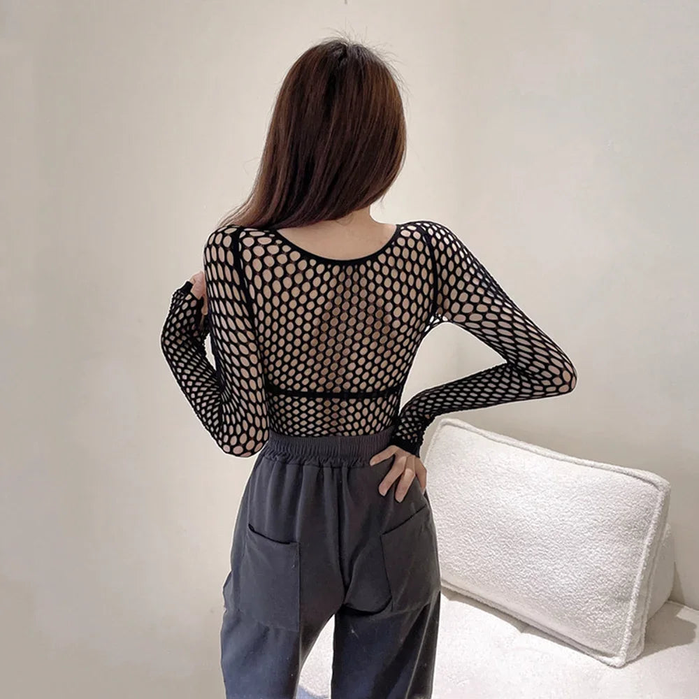 Gothic Sexy Black Fishnet Mesh See Through T-Shirt Women Skinny Goth