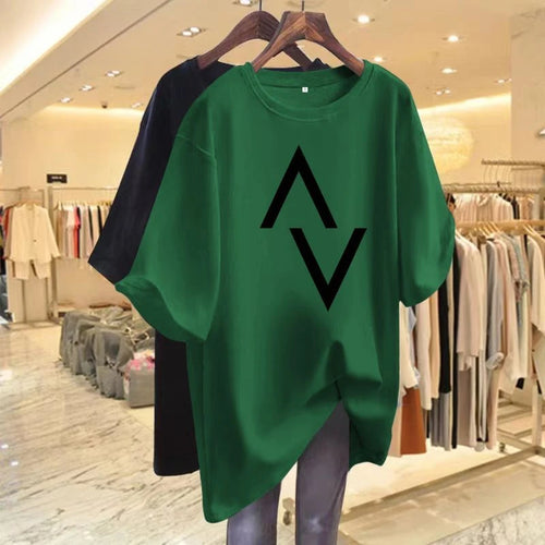 Loose casual cotton women's T-shirt with elegant printed short sleeved