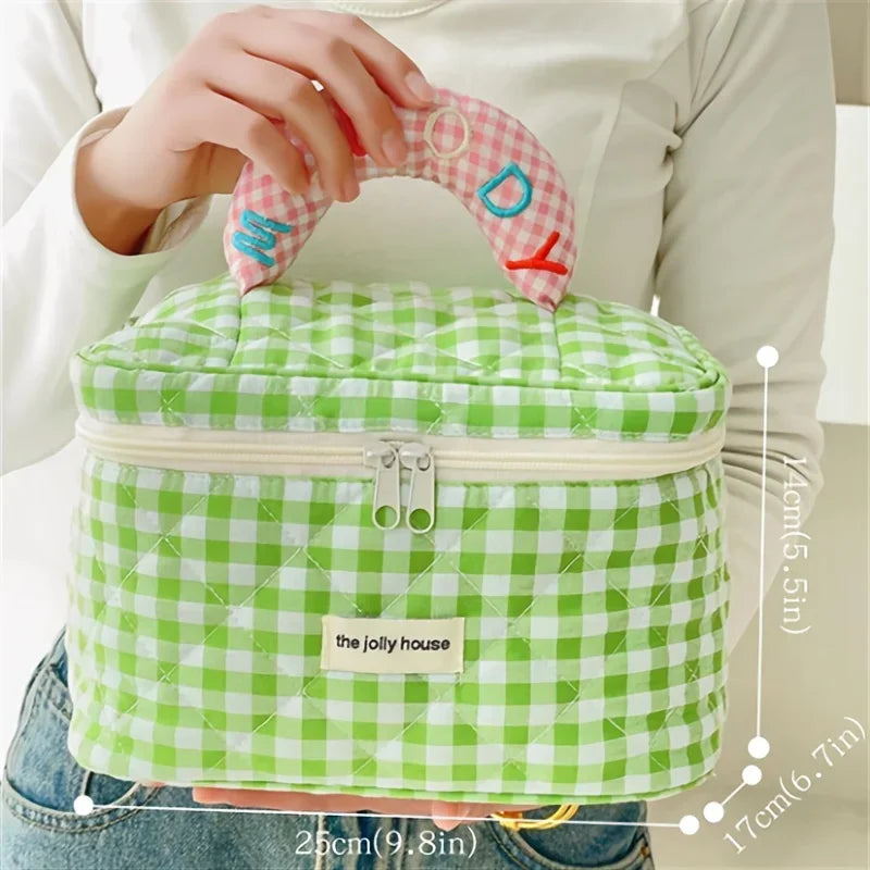 1pc cute color contrast check delicate bucket makeup bag for ladies