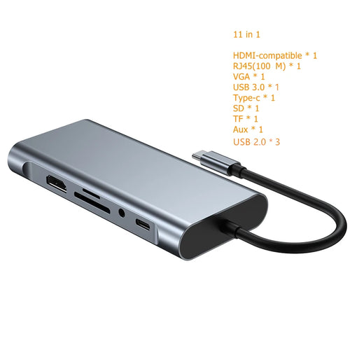 USB Type C Hub 11 in 1 RJ45 Lan 4K HDMI-Compatible VGA SD TF USB 3.0