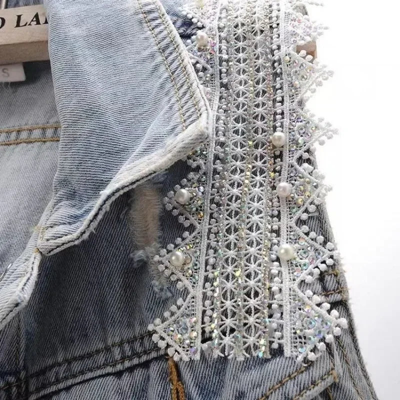fashion Lace Beaded Denim Vest Women Cardigan 2024 New spring