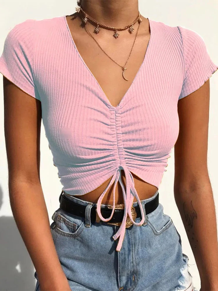 Sexy V Neck Cropped Tank Tops Women Drawstring Tie Up Front Camis