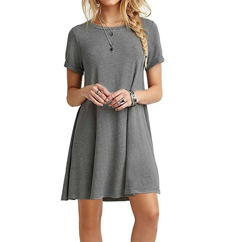 Women Mini Dress Summer Casual Boho Beach Dresses Solid Color O-Neck