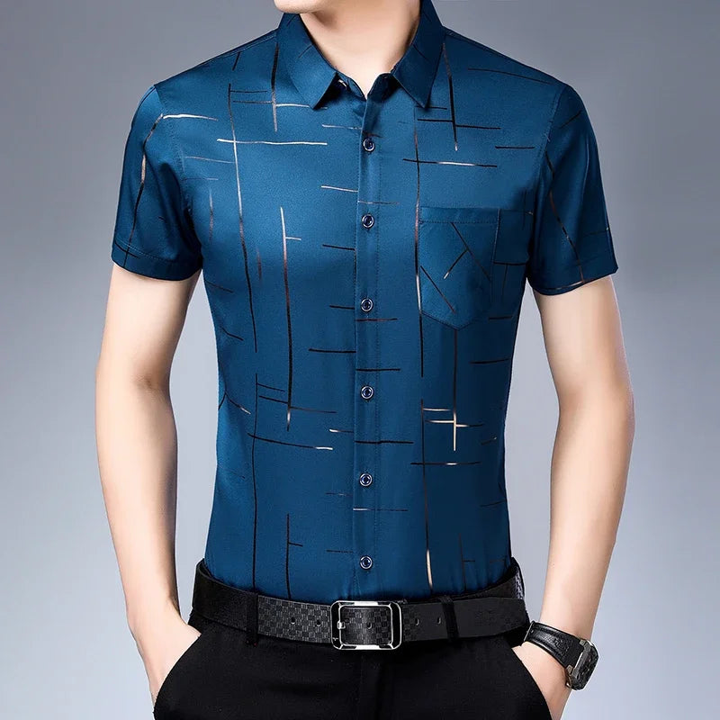 New Men's Business Casual Short Sleeved Shirt No Iron and Wrinkle
