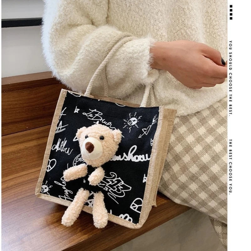 Girls Simple Cute Bear Handbag Ladies Fashion Commuter Canvas Bag