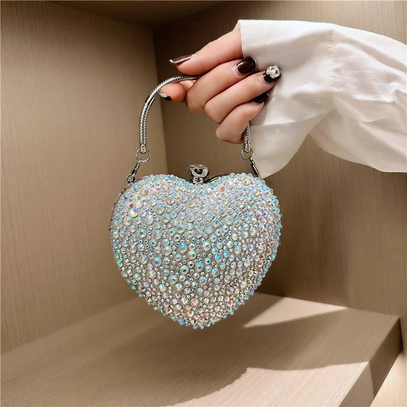 Luxury Diamond Inlay Heart Shape Crystal Clutch Purse Stones Evening