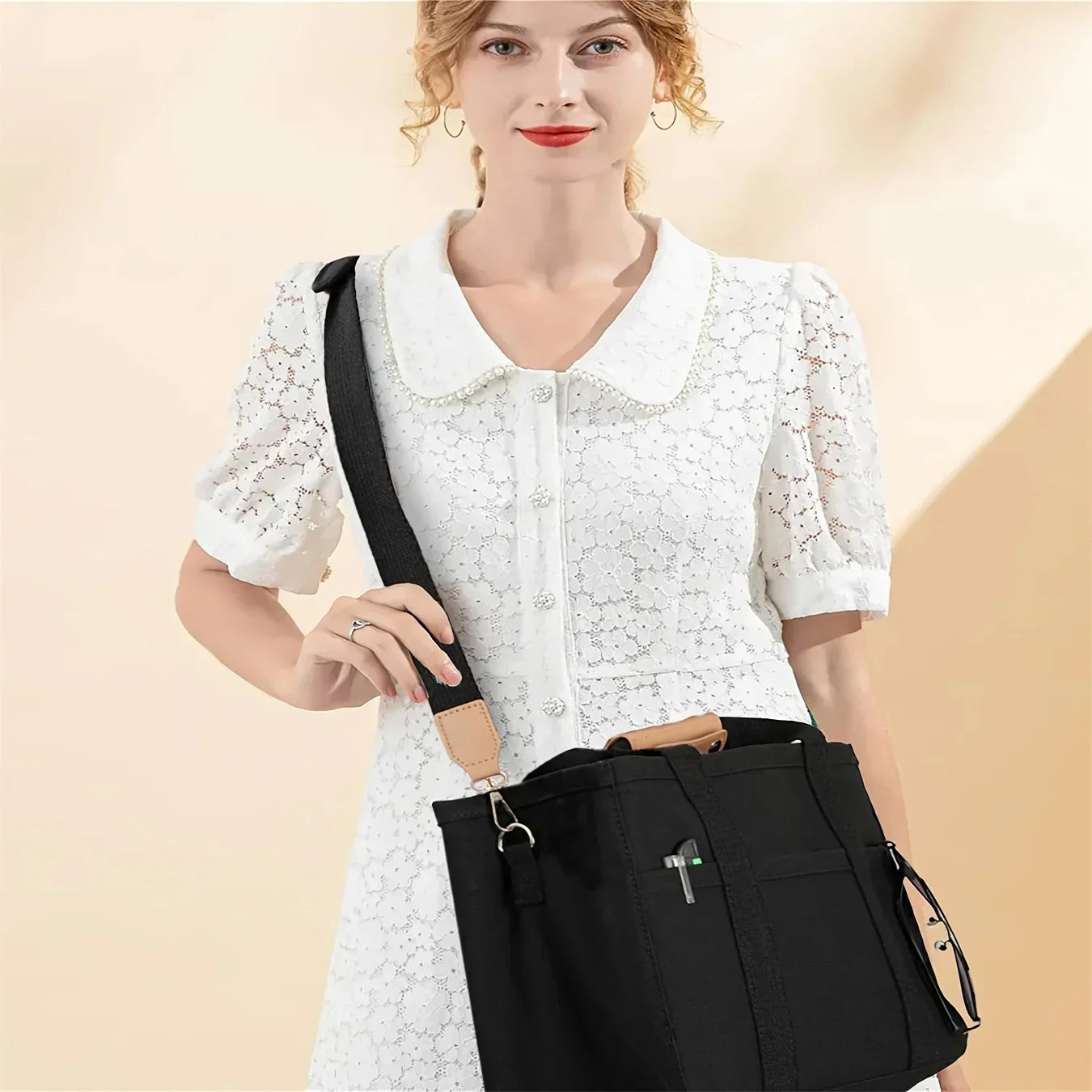 Ladies Canvas Handbag Multi Pocket Large Capacity Tote Bag Adjustable