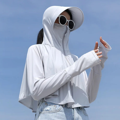 UPF 50+ Women Sunscreen Hoodie Solid Color Thin Ice Silk Summer UV